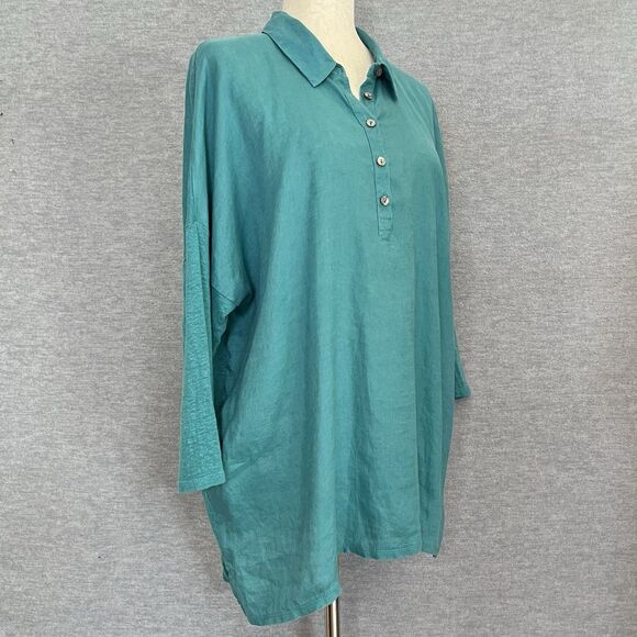 J Jill Love Linen Teal Tunic Size L Lagenlook Coastal Collared Beachy Minimalist - Picture 2 of 12